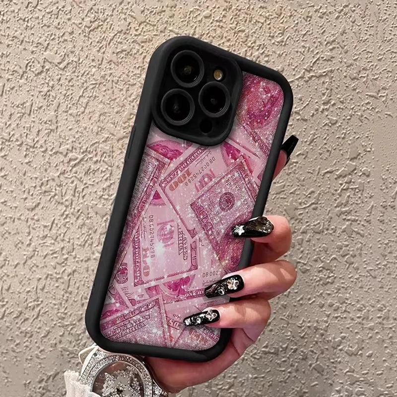 Pink Dollars Full-Coverage Banknote Design Silicone Phone Case For iPhone 16 15 14 13 12 11 Pro Max X XS XR 7 8 Plus Cover